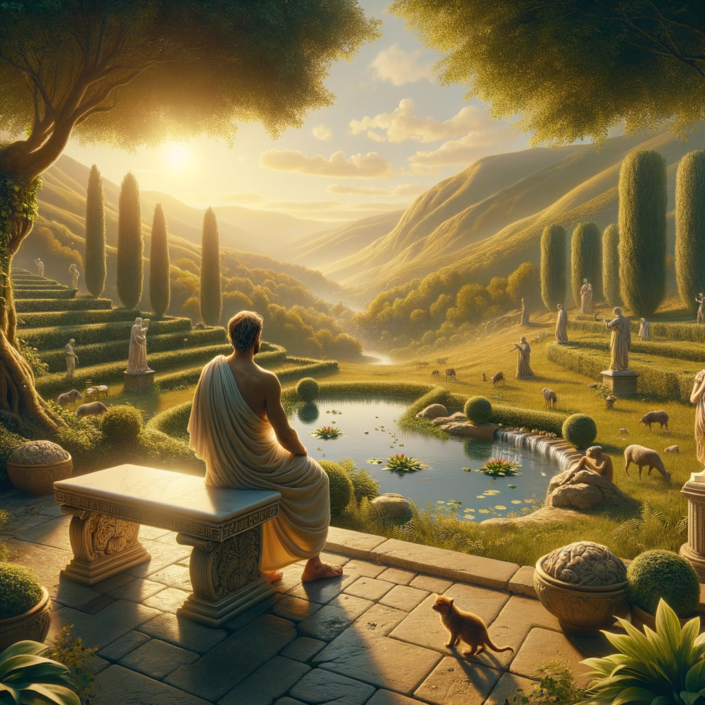 Stoic philosopher in a peaceful Roman garden, surrounded by nature, inspired by classic 1960s historical films.