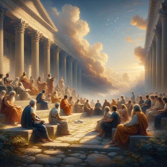 Ancient philosophers in togas pondering under a serene sky, embodying Epicurean and Stoic philosophies with classical Roman architecture as a backdrop.