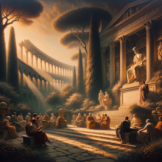 Marcus Aurelius contemplating in a serene garden setting, surrounded by Roman architecture and scholars, in a 1960s historical film style.