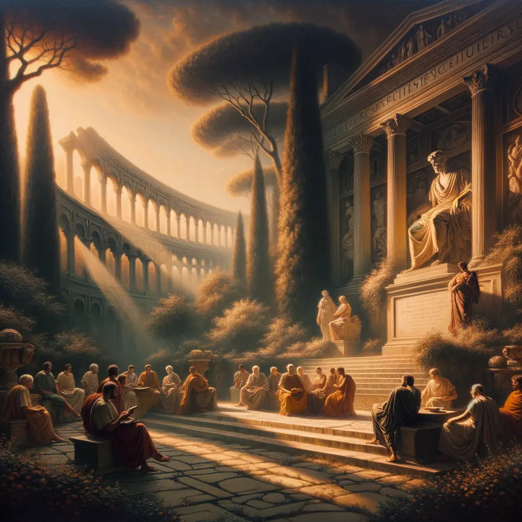 Marcus Aurelius contemplating in a serene garden setting, surrounded by Roman architecture and scholars, in a 1960s historical film style.