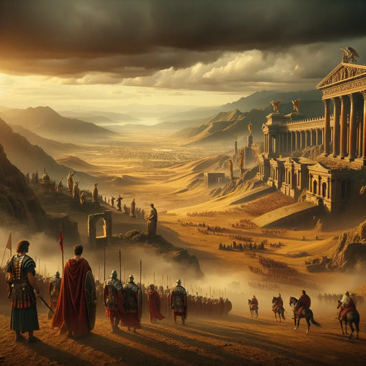 Roman Empire's vast territories with legionnaires on patrol amidst diverse landscapes, foregrounding the strains of overexpansion and distant barbarian threats, inspired by 1960s historical film aesthetics.