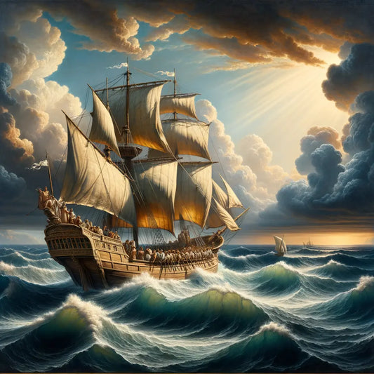 A Roman ship sailing through calm and stormy seas, symbolizing life's journey with Stoic virtues, in a cinematic 1960s epic style.