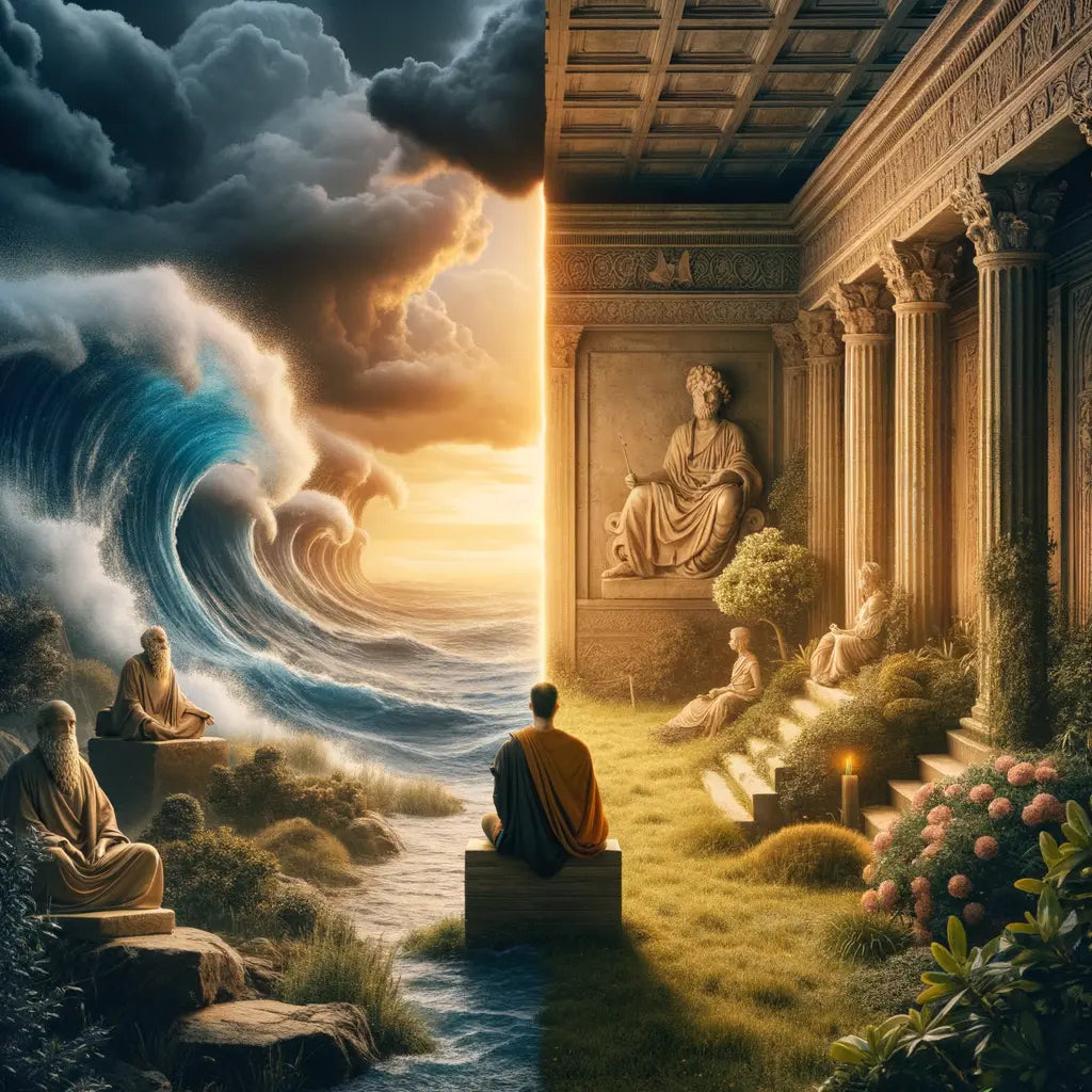 Two divergent paths illustrating Stoicism with chaotic seas and Epicureanism with a serene garden, each path featuring an ancient philosopher in thought.