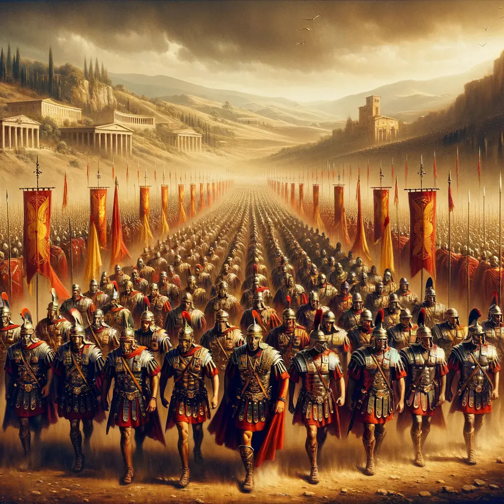 Roman legionaries in formation with armor and banners, inspired by 1960s historical epic films.