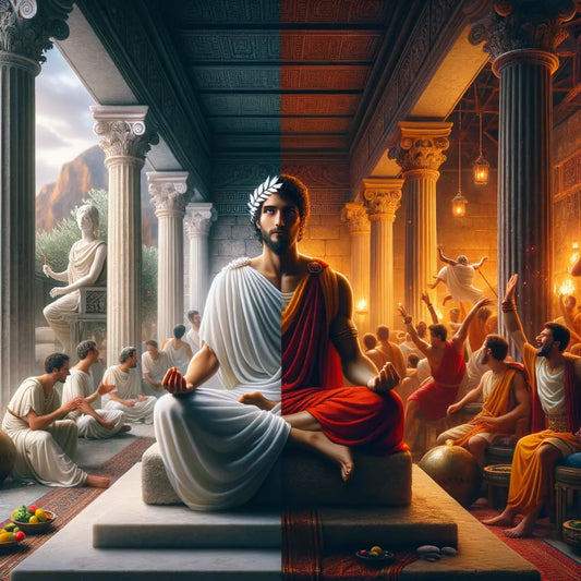 Split image contrasting an ancient Greek philosopher meditating peacefully on the left with a lively Roman party scene representing indulgence on the right, styled after 1960s historical films.