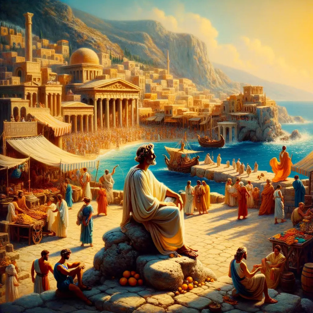 An ancient Greek philosopher in traditional attire on the sunlit shores of Cyprus, overlooking a serene market scene, depicted in a style reminiscent of classic historical films.