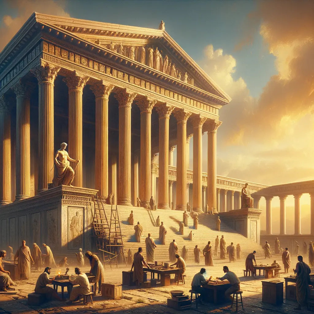 Ancient Greek and Roman architectural blend featuring classical columns and sculptures, depicted in a grand cinematic style reminiscent of 1960s historical epics.