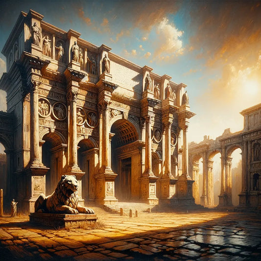 Ancient Roman structure with arches and pillars in warm sunlight, featuring the Capitoline Wolf statue in the foreground, in a style reminiscent of 1960s epic films.