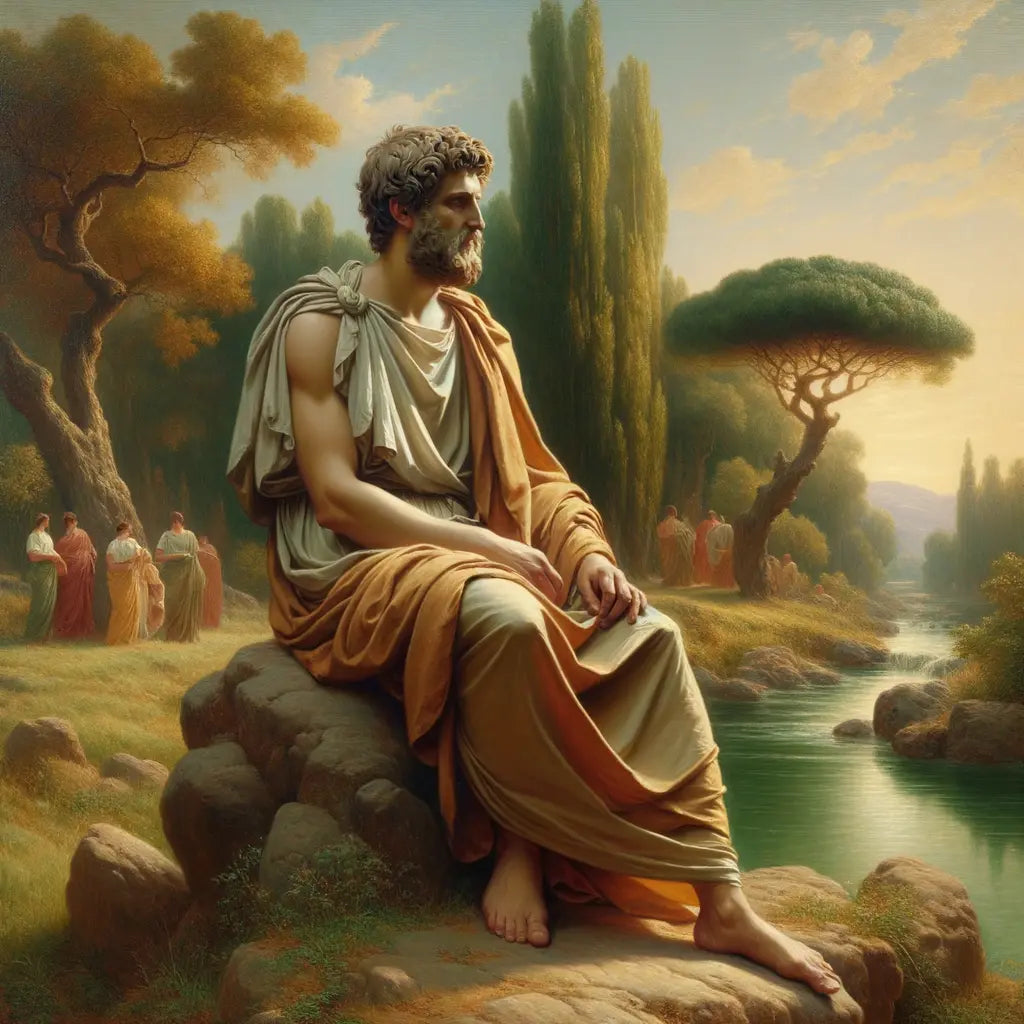 Ancient Greek philosopher in a serene natural setting, contemplating Stoic wisdom, captured in the style of a 1960s historical epic painting.