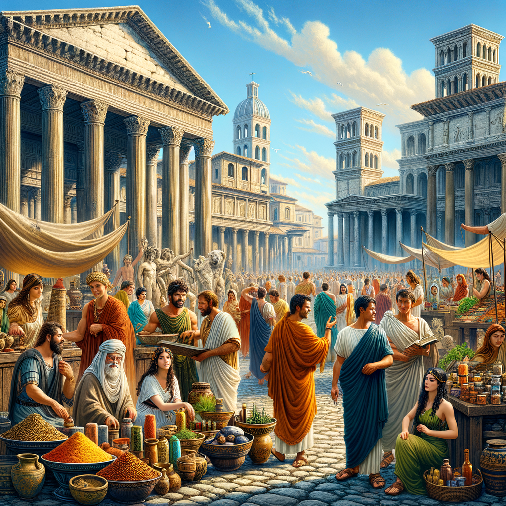An illustration of a lively ancient Roman market filled with people and stalls, showcasing the vibrant culture.