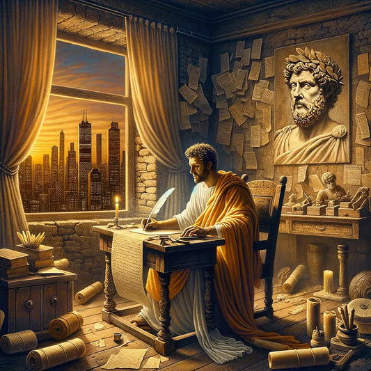 Marcus Aurelius in Roman attire writing at a desk with a modern city skyline visible through the window, invoking a historical epic style.