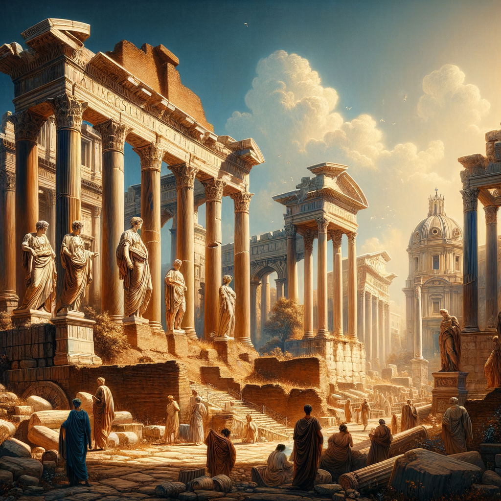 Scenic view of Roman ruins with grand marble columns under a bright blue sky, inspired by classic 1960s historical films.