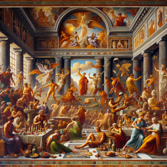 A vibrant fresco from Pompeii depicting Roman gods and everyday scenes, showcasing life's duality in ancient Rome with vivid colors and historical accuracy.