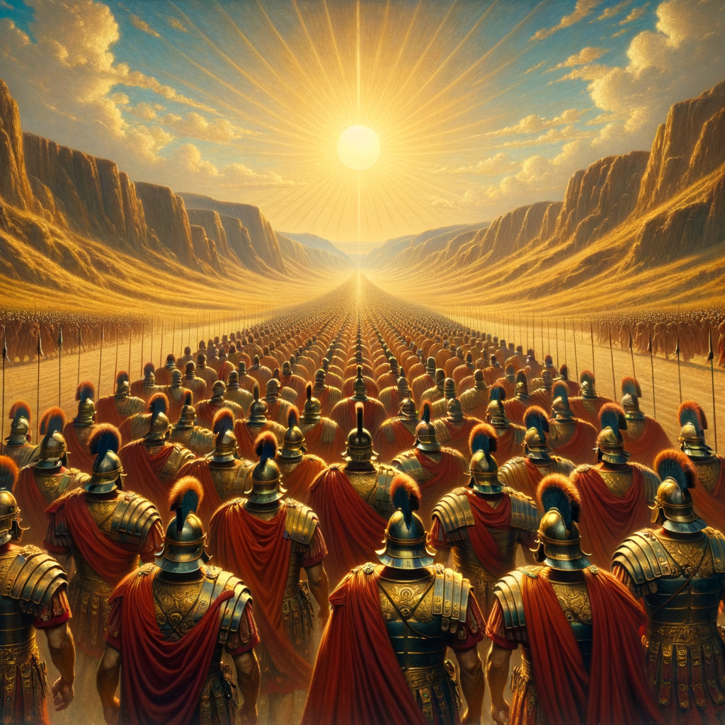 Roman legionaries marching in formation under the sun, wearing traditional armor and helmets, inspired by 1960s historical epics.