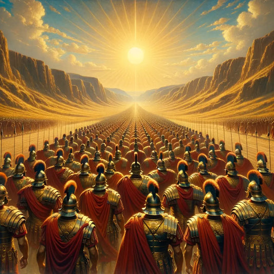 Roman legionaries marching in formation under the sun, wearing traditional armor and helmets, inspired by 1960s historical epics.
