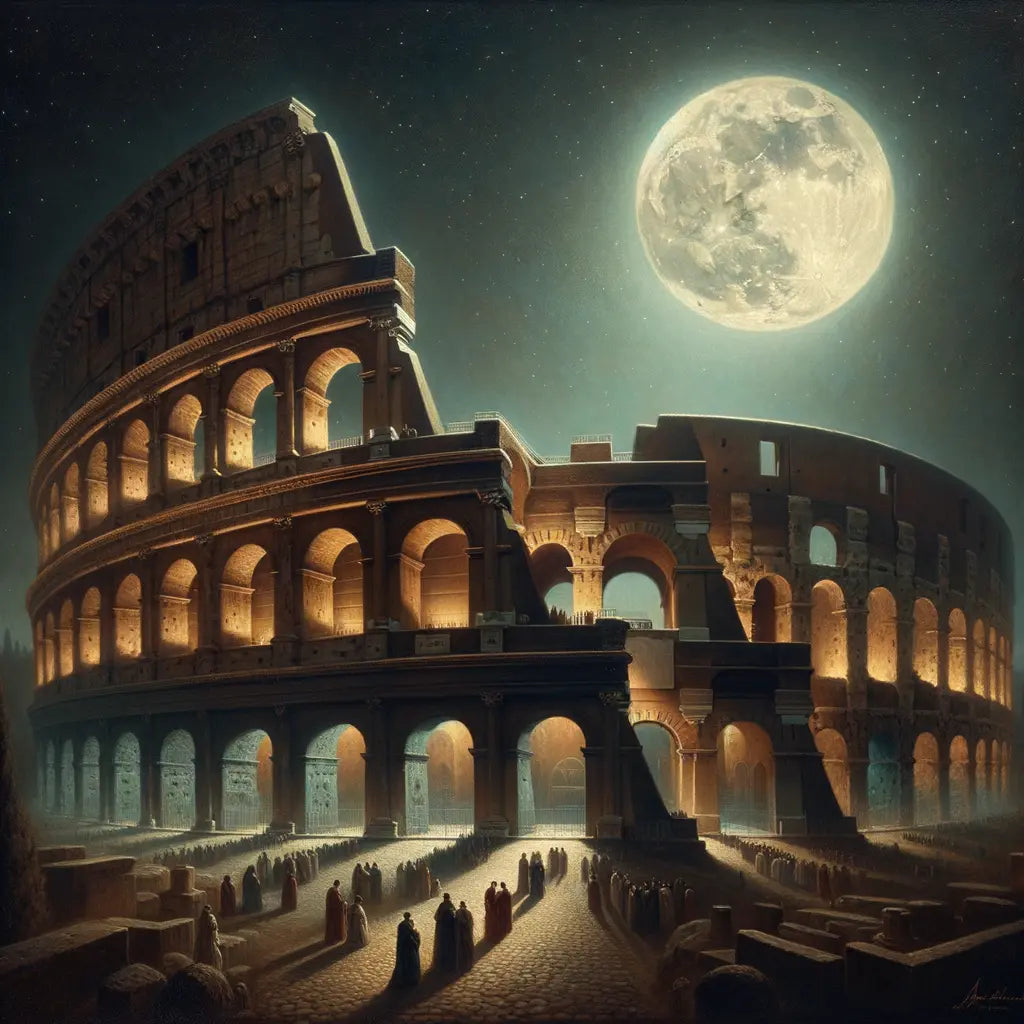 Dramatic night view of the Colosseum with moonlit arches and ancient stones, reminiscent of 1960s historical film style.