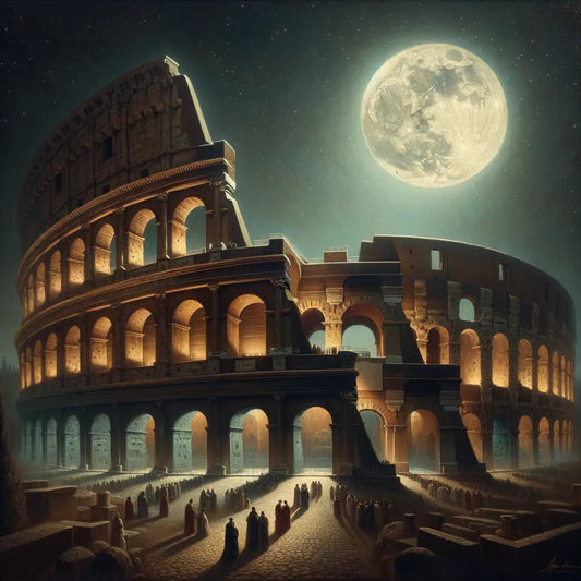 Dramatic night view of the Colosseum with moonlit arches and ancient stones, reminiscent of 1960s historical film style.