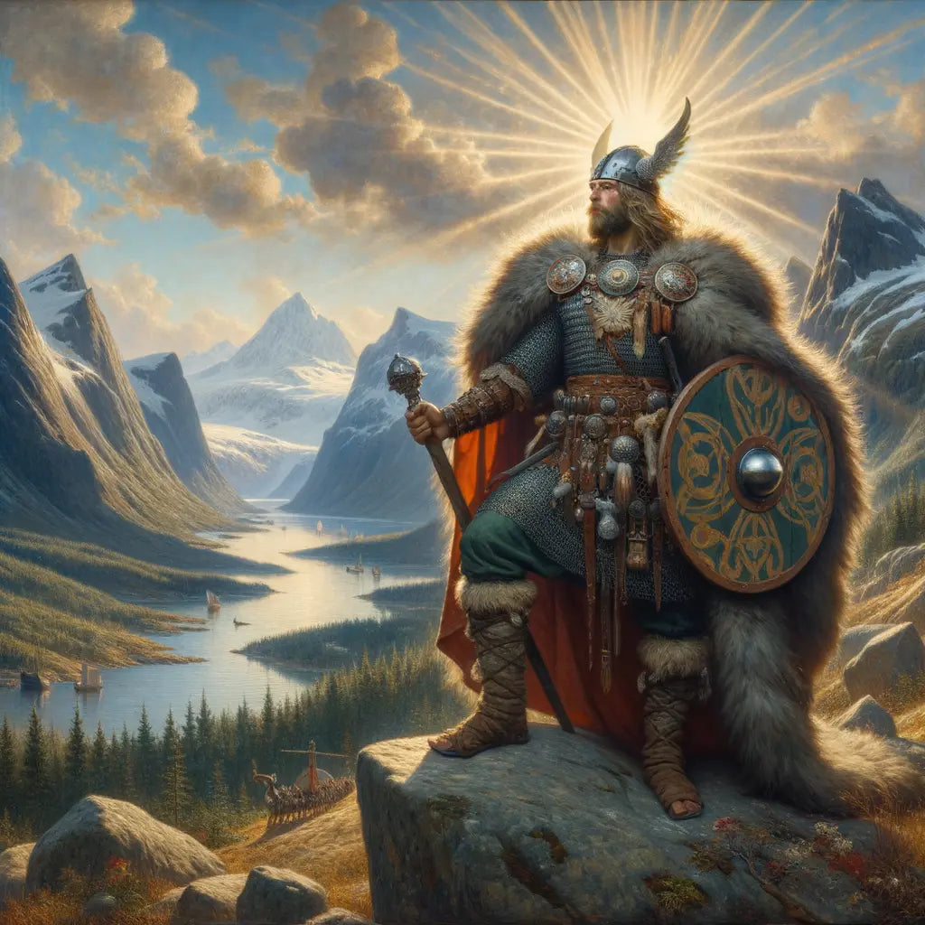 Viking warrior adorned with Norse jewelry in a Scandinavian landscape, styled like a classic historical film scene.