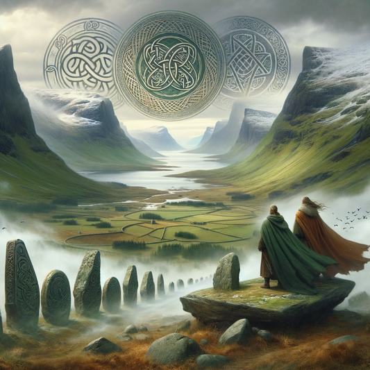 A misty landscape blending Celtic Ireland and Nordic Norway with mythical symbols of both cultures, in a cinematic painting style.