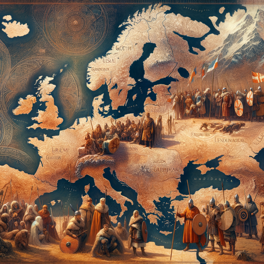 Map of Europe highlighting Germanic language spread with Gothic, Saxon, and Scandinavian migrations depicted in a 1960s historical film style.