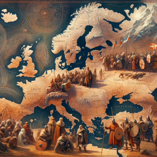 Map of Europe highlighting Germanic language spread with Gothic, Saxon, and Scandinavian migrations depicted in a 1960s historical film style.