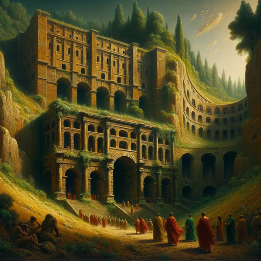 Ancient Roman prison built into a hill, showing two-level stone structure under dramatic lighting, styled like 1960s historical films.