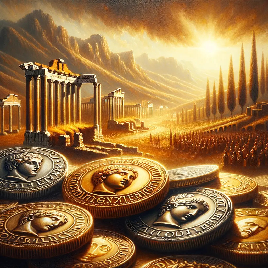 Close-up of ancient Roman coins with detailed designs in a golden and silver palette, set against a warm, scenic background of the Roman Empire's landscapes.