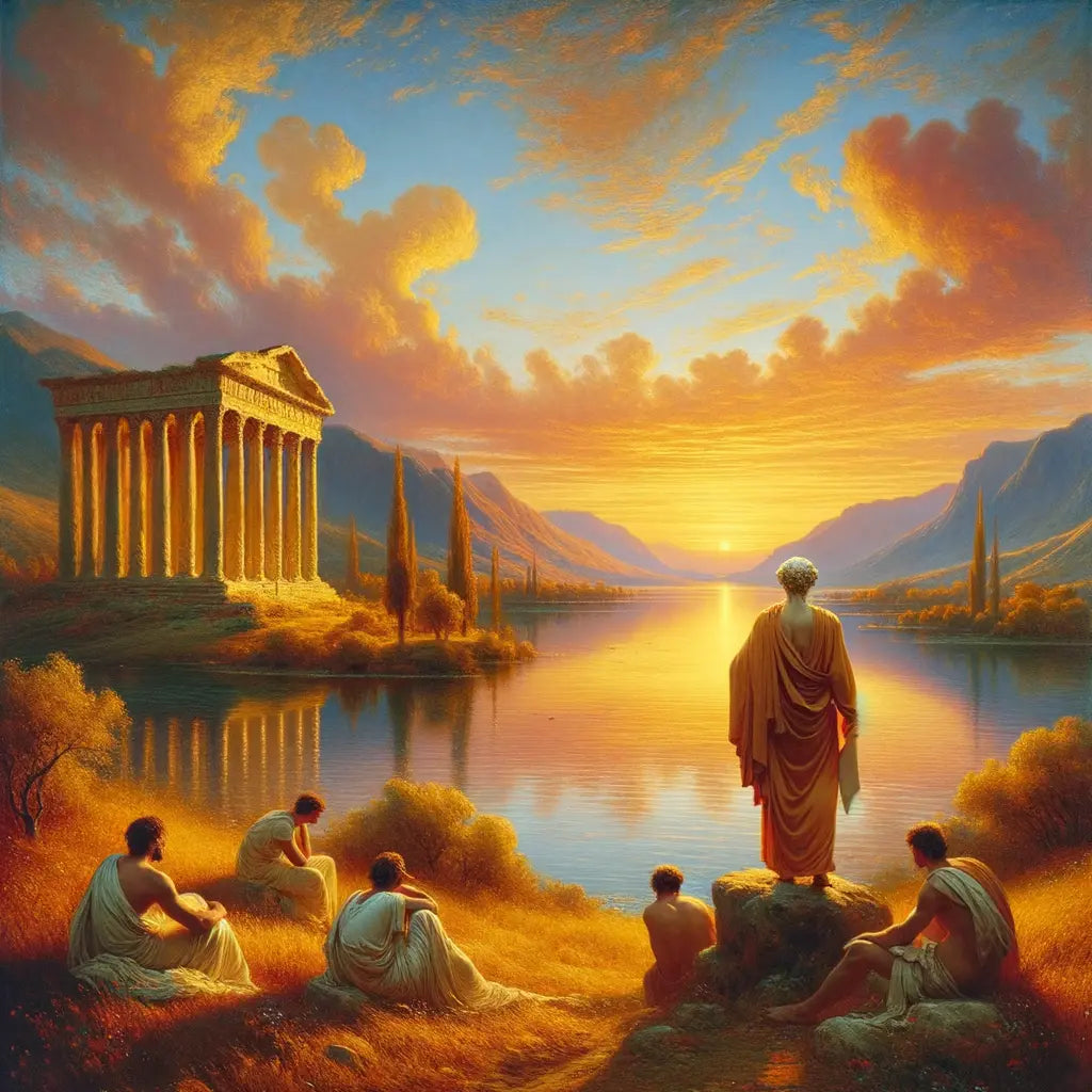 A serene lakeside at sunset symbolizing inner peace, with a philosopher in a toga reflecting Epictetus's Stoic teachings, inspired by classic historical films.