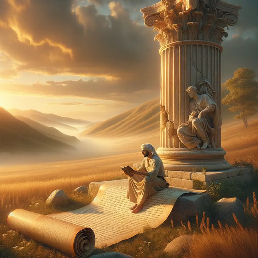Modern individual sitting thoughtfully with a book beside an ancient scroll and column in a serene landscape, blending ancient wisdom with modern life.