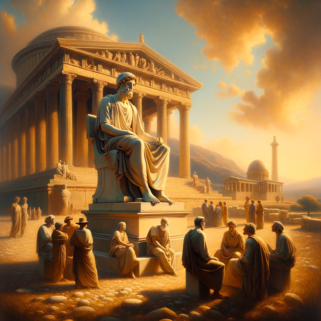 Statue of Marcus Aurelius in an ancient Roman setting, embodying the essence of Stoic philosophy, styled like a classic 1960s historical film.