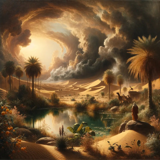 A tranquil oasis under a stormy sky, with lush greenery contrasting the swirling clouds and desert, in a style reminiscent of classic 1960s historical films.
