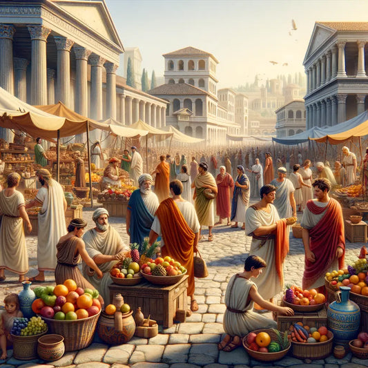 A vibrant ancient Roman marketplace with citizens in togas and merchants selling goods.