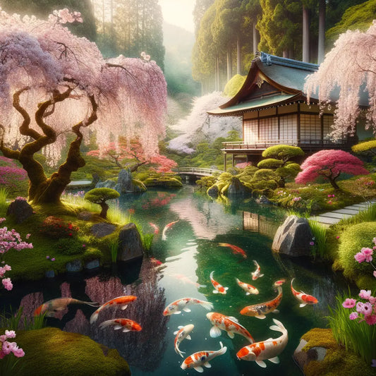 A beautiful Japanese garden during cherry blossom season.