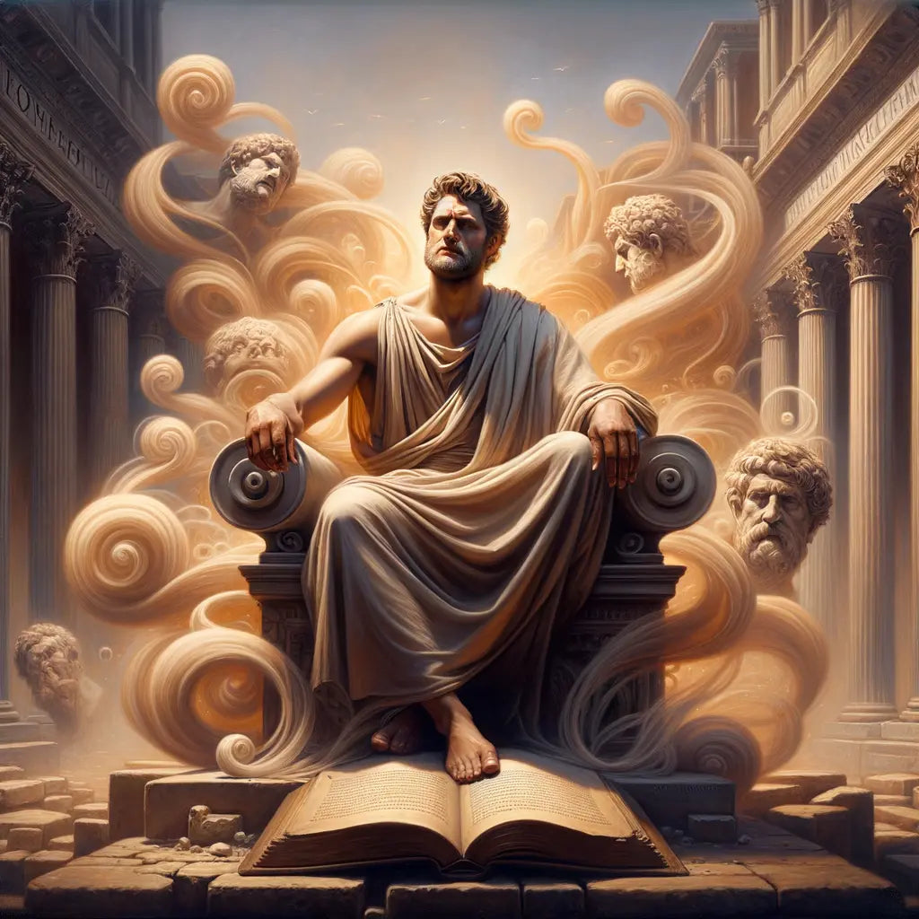 Marcus Aurelius seated, pondering with 'Meditations' open, framed by ancient Roman architecture and ethereal swirls of thought, in a 1960s historical epic style.