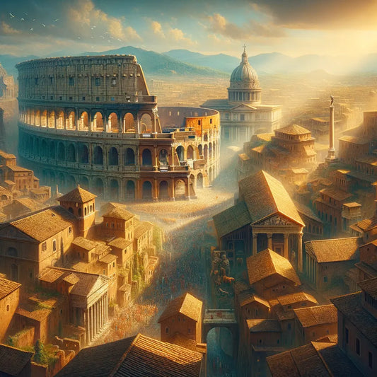 Aerial view of ancient Rome featuring the Colosseum and Pantheon in a 1960s historical epic style.