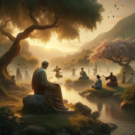 Roman philosopher in tranquil garden setting, embracing ancient and modern peaceful practices, inspired by 1960s historical film style.