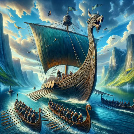 Majestic Viking ship with dragon prow sailing near scenic fjords under a blue sky, inspired by classic historical films.