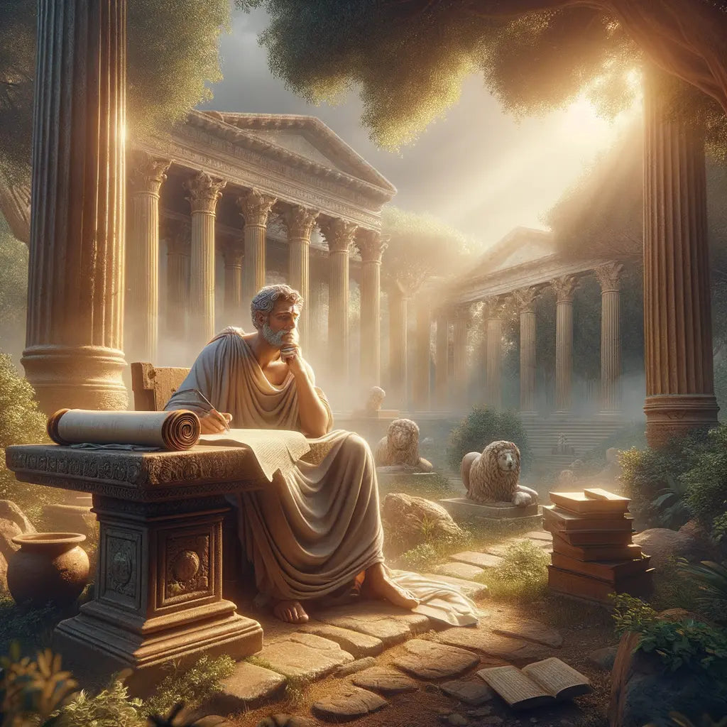 Ancient Roman philosopher in a garden setting, reflecting with an open book, inspired by 1960s historical film aesthetics.