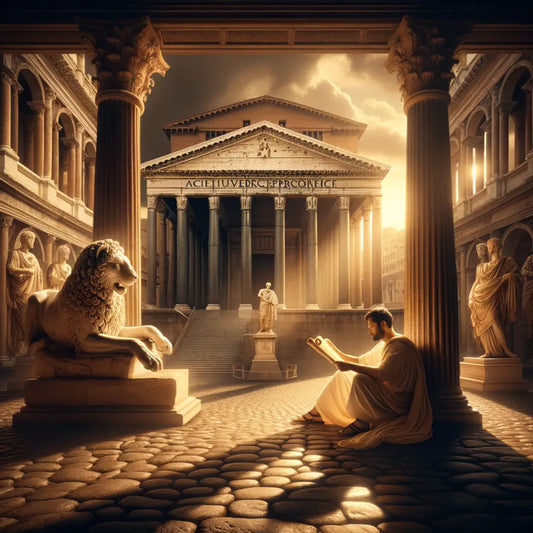 Capitoline Wolf statue and a Roman philosopher reading 'Meditations' by Marcus Aurelius, styled like a classic 1960s historical film.