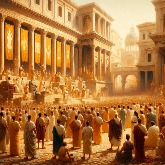 A lively ancient Roman street scene with citizens and orators, featuring the SPQR acronym displayed prominently, painted in a 1960s epic film style.