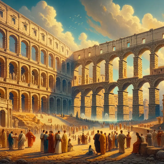 Majestic Roman arches and aqueducts illuminated by golden sunlight, symbolizing the timeless grandeur of Ancient Rome, in a style inspired by 1960s historical epics.
