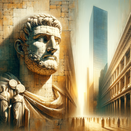 A painting of Constantine's statue head beside a modern skyscraper, symbolizing timeless grandeur.