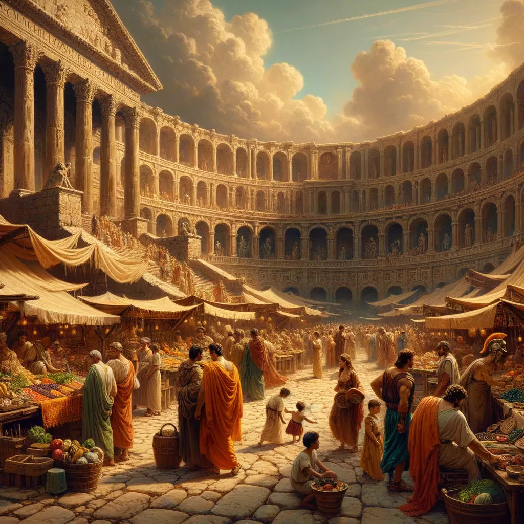 Bustling Roman market scene with citizens in togas and amphitheaters in the background, inspired by 1960s historical films.