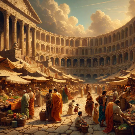 Bustling Roman market scene with citizens in togas and amphitheaters in the background, inspired by 1960s historical films.