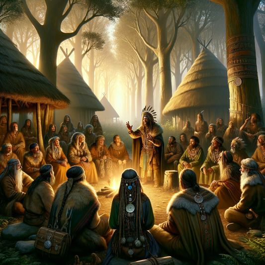 Germanic tribespeople gathered in a sunlit forest, sharing stories and cultural symbols, capturing the essence of early Germanic culture.