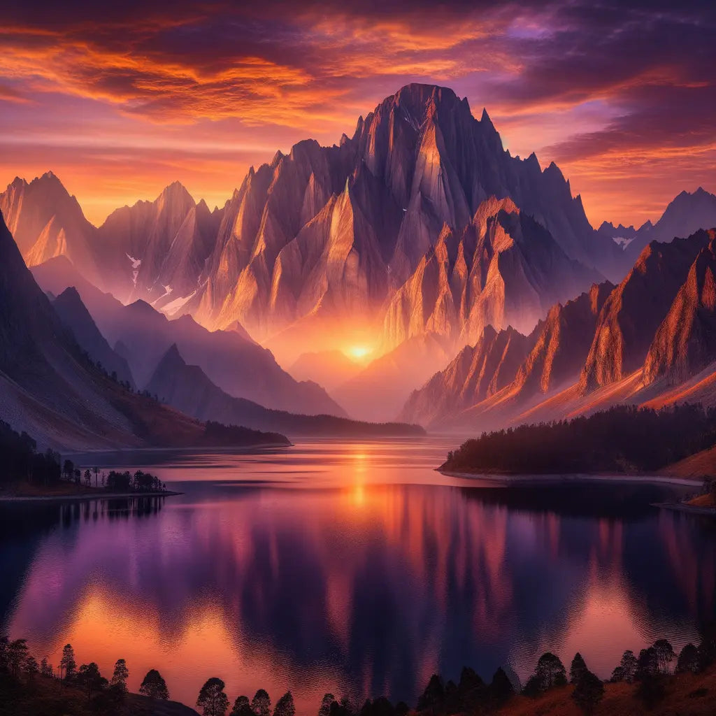 A scenic view of mountains at sunset with a lake in the foreground.