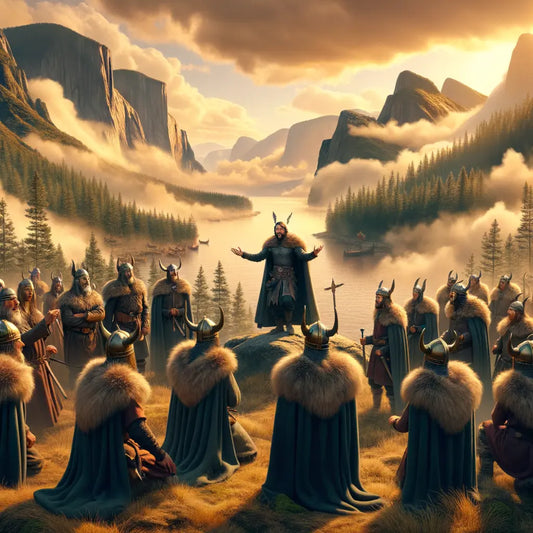 Vikings speaking Old Norse in a scenic Scandinavian landscape, highlighting the historical evolution of language in a cinematic 1960s style.