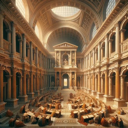 Illustration of the ancient Roman Tabularium on Capitoline Hill, capturing its grandeur with arches, columns, and scribes handling scrolls, styled after 1960s historical epic films.