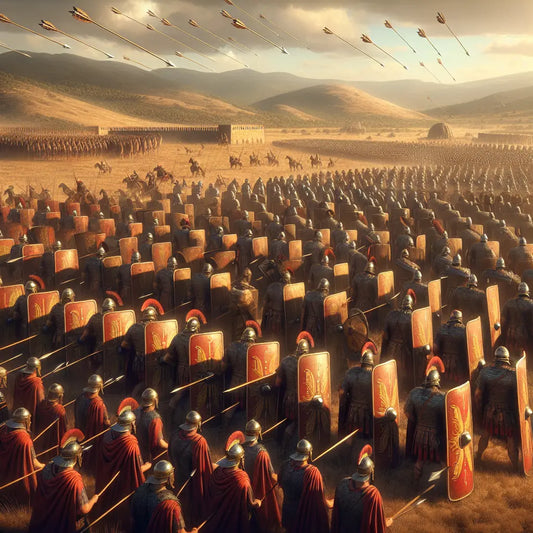 Roman legion in testudo formation under arrow barrage, depicted in a style reminiscent of 1960s historical epic films.