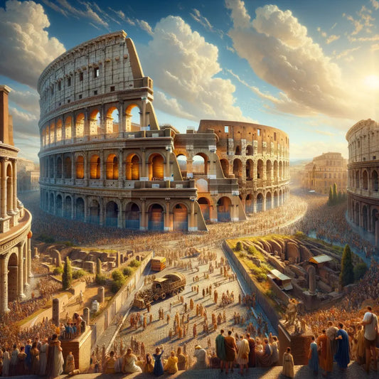 Aerial view painting of the Colosseum under a bright Roman sky, with tourists in front, inspired by 1960s historical epic films.